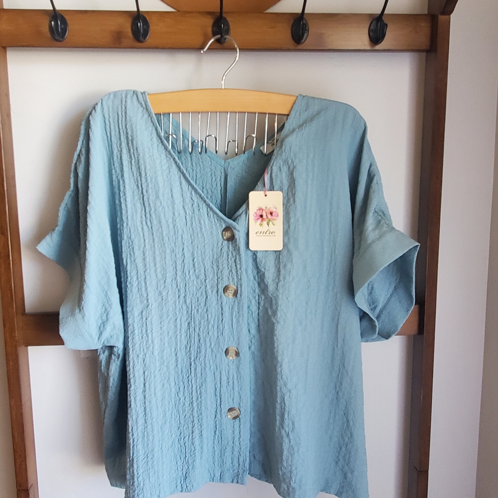 Entro Blue Boxy Button Down Blouse